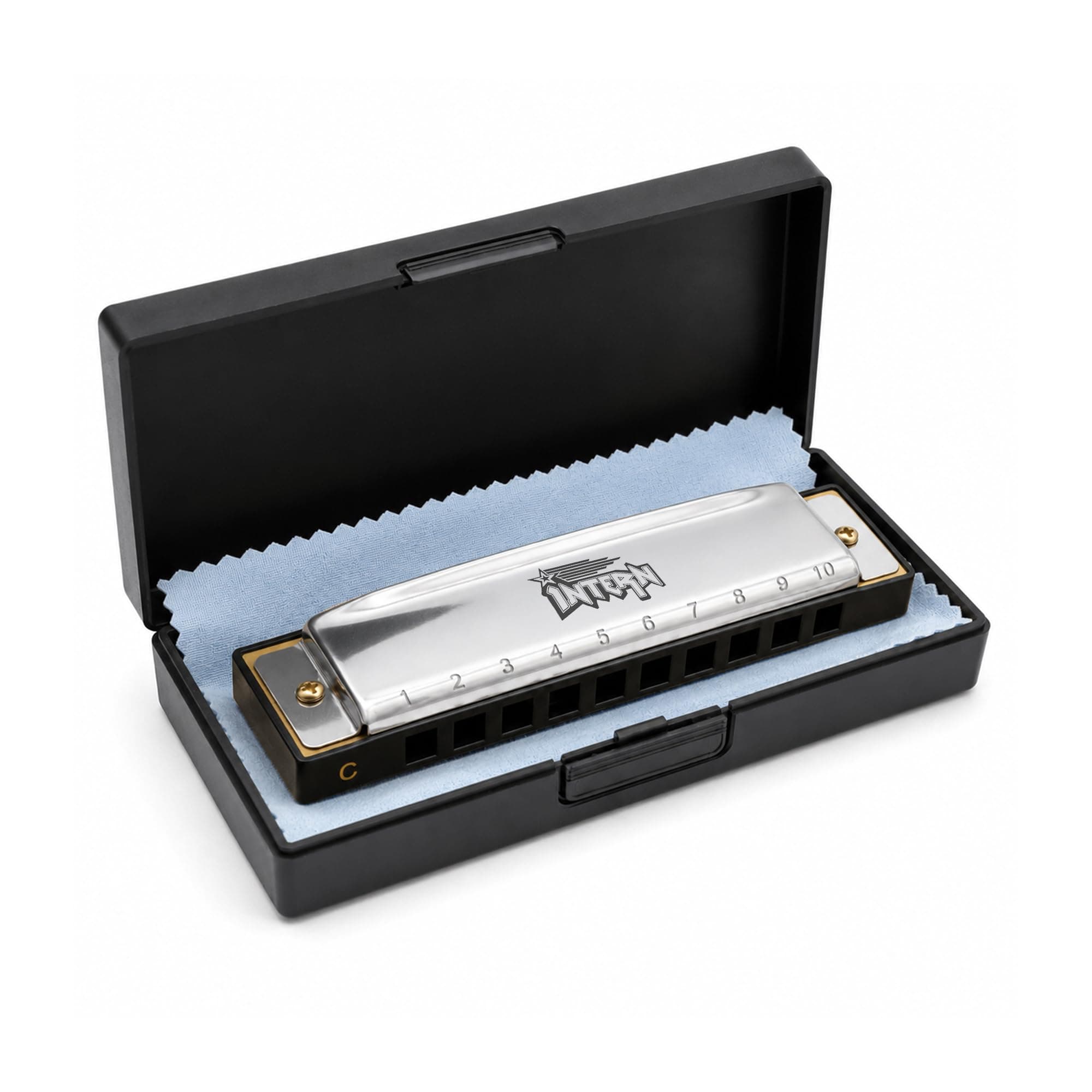 Intern KEY C 10 Hole Diatonic Blues Mouth Organ Harmonica for Professional Player, with case and cleaning cloth (Silver) (INT-HA01C)