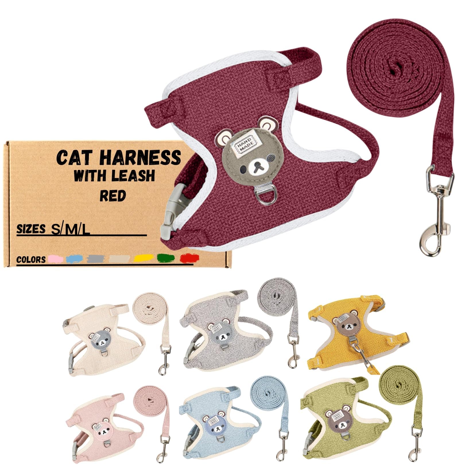 House Of Pets Handmade Cat Harness and Leash Set - Escape Proof and Adjustable - Lightweight and Soft Walking Harness for Cats - Perfect for Large and Small Cats - Travel-Friendly (Red, Small)