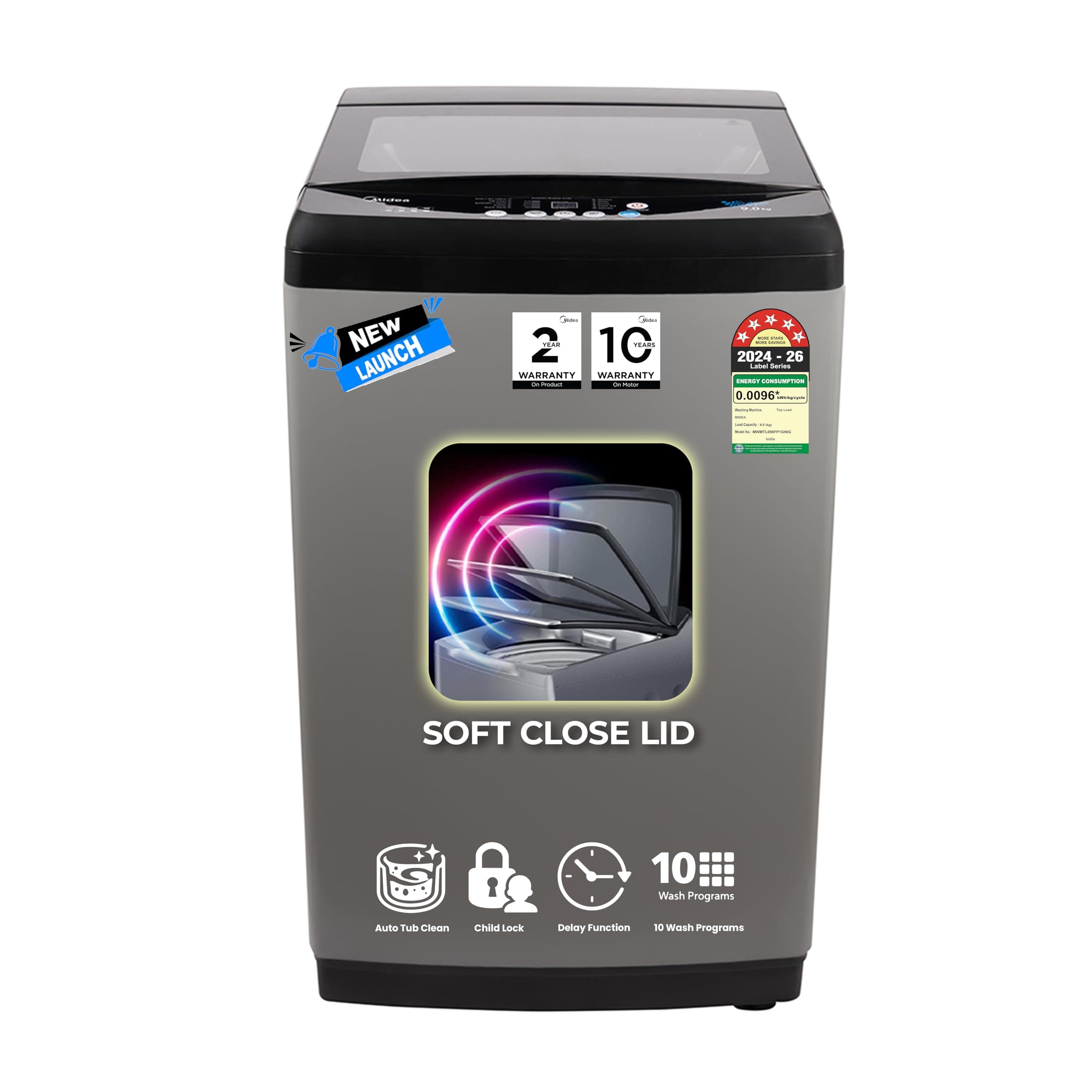 Midea 9kg 5-Star Top Load | Fully Auto | Soft Close Glass Lid | Hydrowave Stainless Tub | 10 Wash Programs | Auto Drum Clean | Magic Filter | Child Lock | Delay Wash | Inox Grey | MWMTL090FP1GNIG