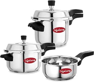 Lifelong Stainless Steel Pressure Cooker | Set of 3 | 2L, 3L & 5L | Induction & Gas Stove Compatible with Outer Lid, ISI Certified & Lock System |Safe & Durable Kitchen Essential with 5 Years Warranty