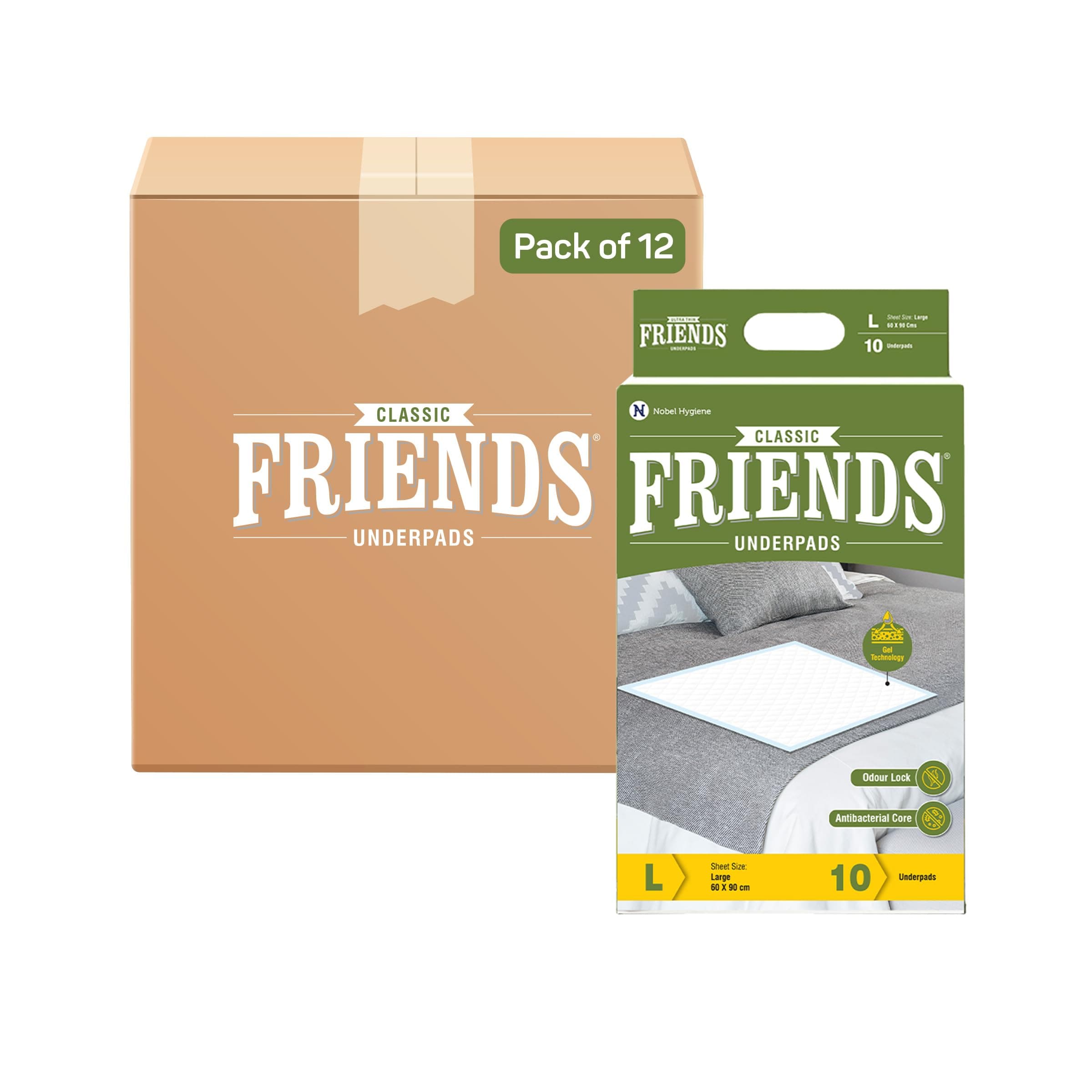 Friends Classic Large Disposable Underpads for Adults (60x90 cm) | 120 Count | Highly Absorbent | Unisex | Rash Protection | Converts Liquids to Gel | Cottony Soft | Anti-Bacterial & Leak-Proof