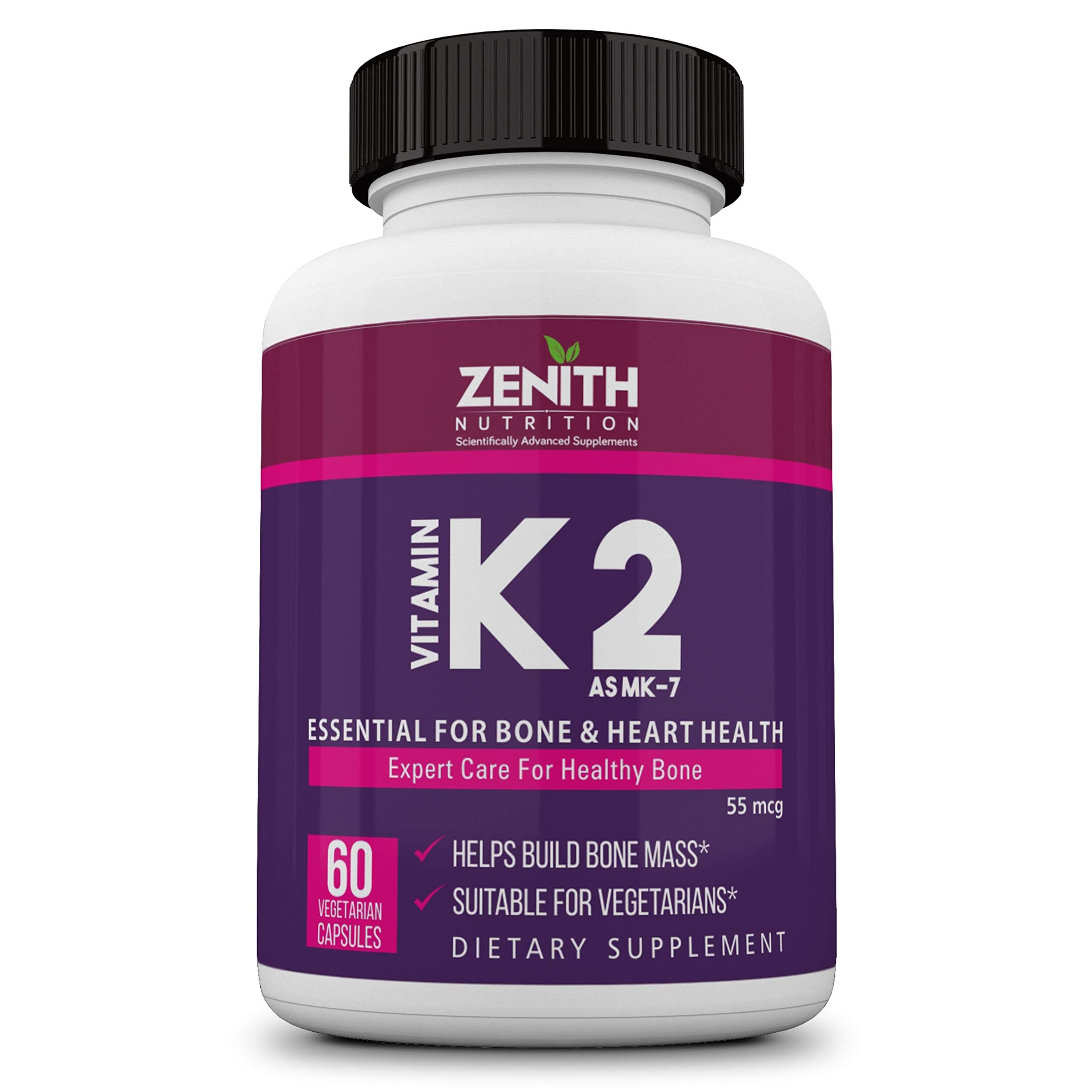Zenith Nutrition Vitamin K2 as MK7-55 mcg - 60 Veg Capsules | Supports Bones| Promotes Heart Health