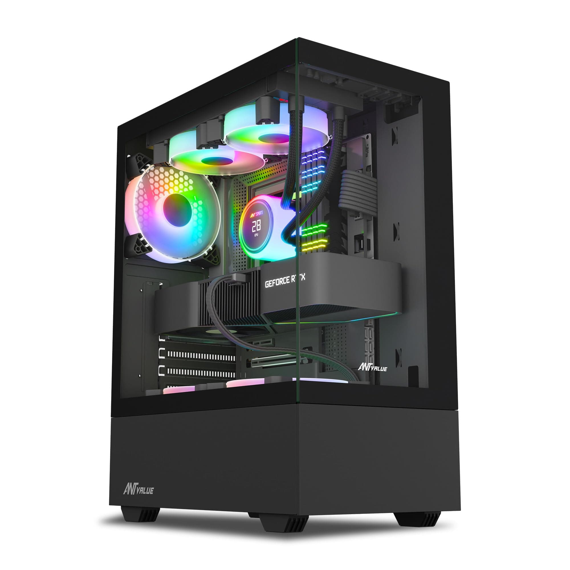 Ant Value Tempered_Glass CV100 Mid-Tower Computer Case/Gaming Cabinet Â– Black | Support ATX, M-ATX, ITX | Pre-Installed 2 Top & 1 Rear Rainbow Fans, 2 USB Ports