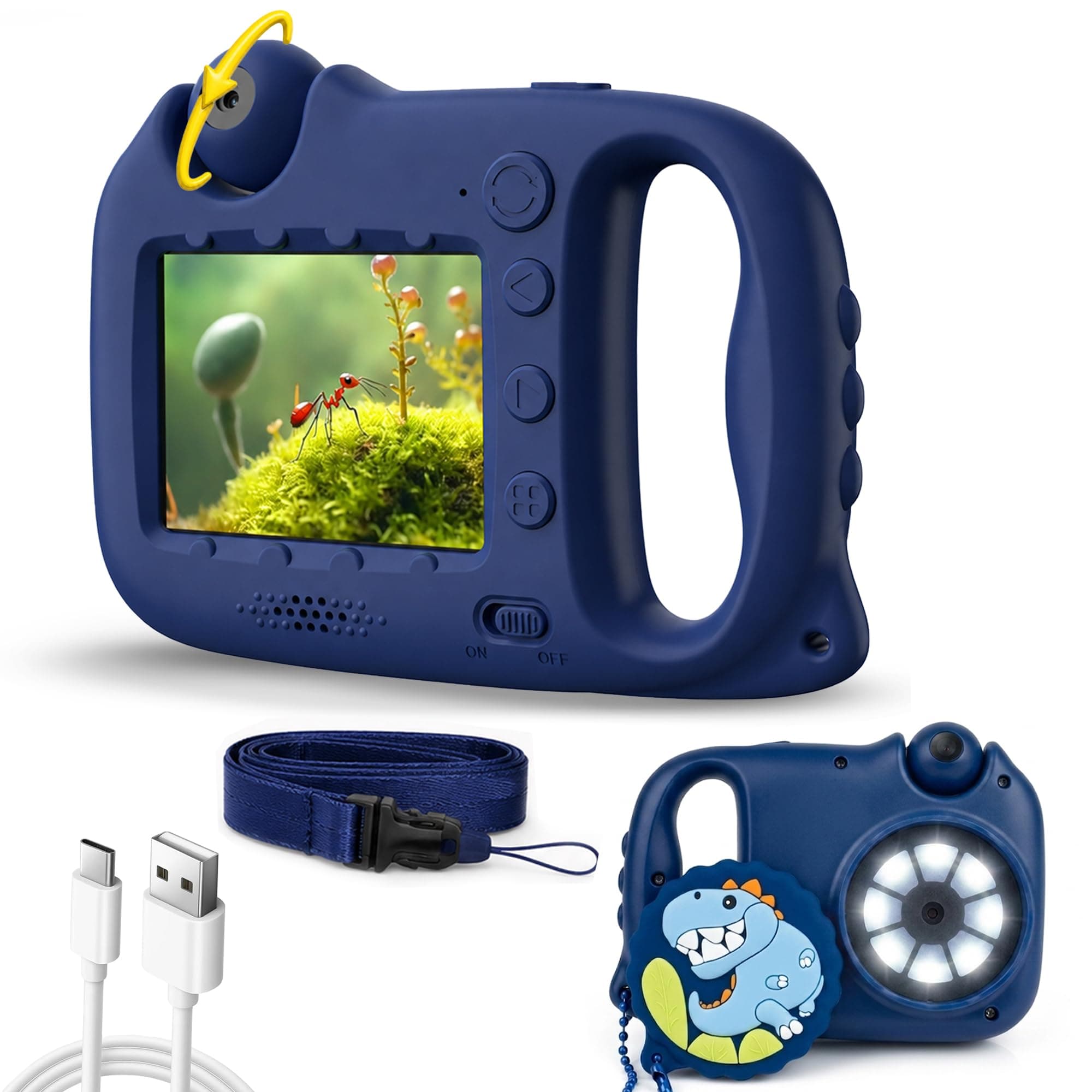 Wembley 3 in 1 Toy Camera and Digital Microscope for Kids & Students, 1080P Video, 100X Magnification, Rotatable Lens, USB-C Rechargeable, Educational Birthday Gift for Ages 3+