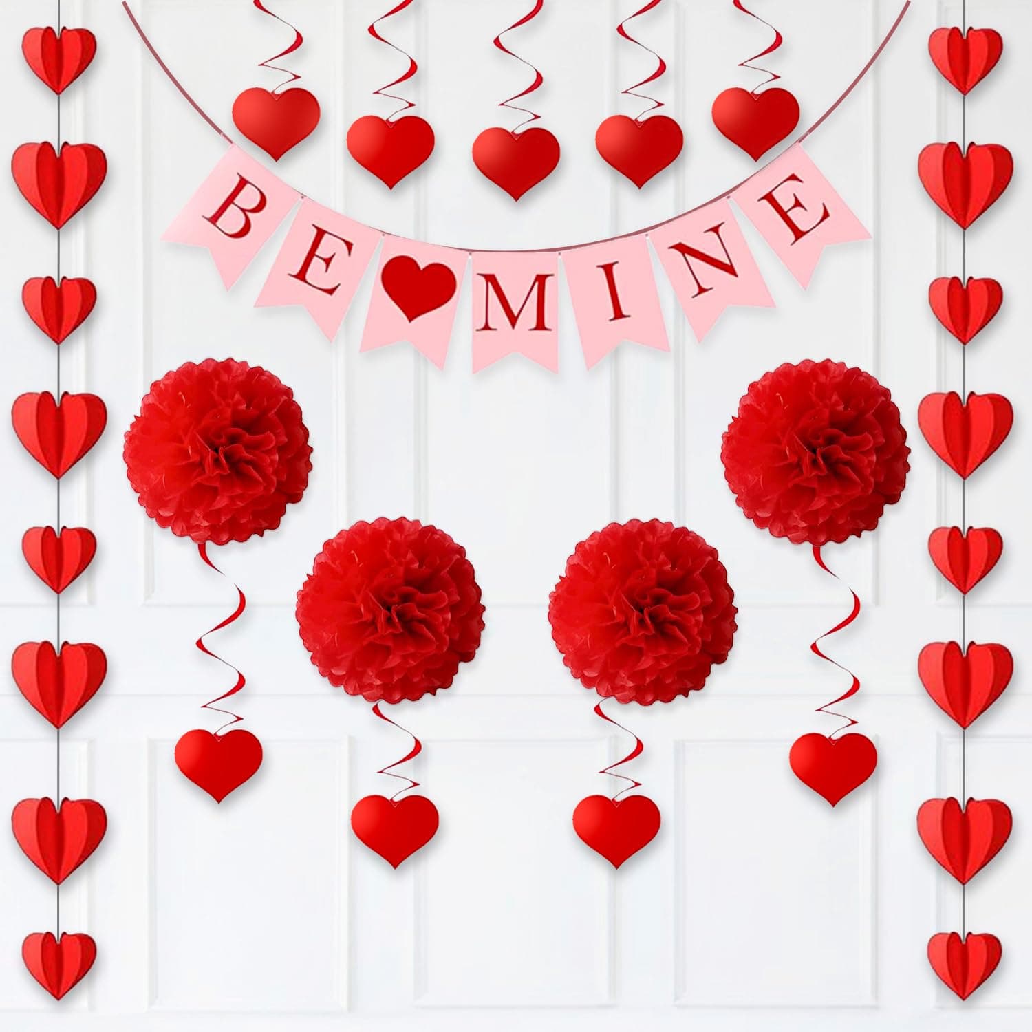 Party Propz Anniversary Decoration Items - 13pcs Heart Swirls Hanging, Heart Garland, Pom Pom Decoration Hanging and Be Mine Banner, Proposal, Date Night, Wedding Room, Birthday Decor (Cardstock)