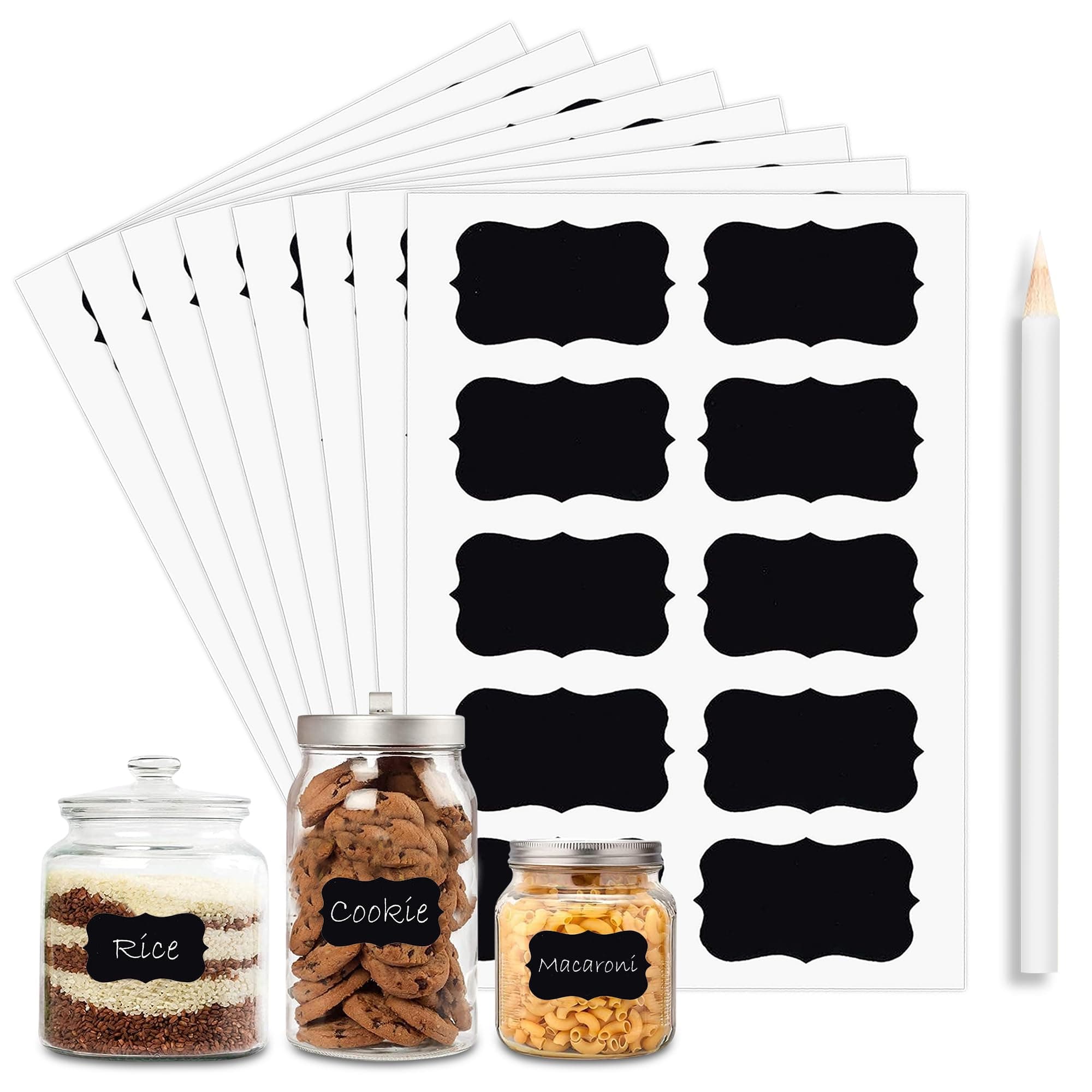 100 Piece Waterproof Vinyl Black Labels for Mason Jars & Bottles, Self-Adhesive Spice Labels with 1 White Pencil
