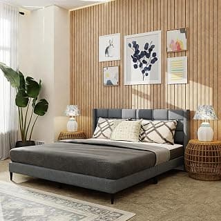 Royaloak Willow Upholstered Queen Bed | Solid Wood | Upholstered Headboard | Linen Fabric | Modern Design | Strong & Durable