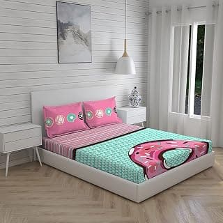 BOUTIQUE LIVING 100% Cotton Bedsheet for King Size with Pillow Cover Set, 200 TC (Cyan/Pink, Donut Pattern) Rock & Room Collection, Light Weight, Moisture Absorbent, All Season Comfort