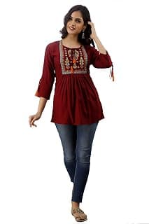 DMP FASHION Women's Rayon Classic Heavy Embroidery Top with Beautifull Tassels at Front and on Both Sleeves