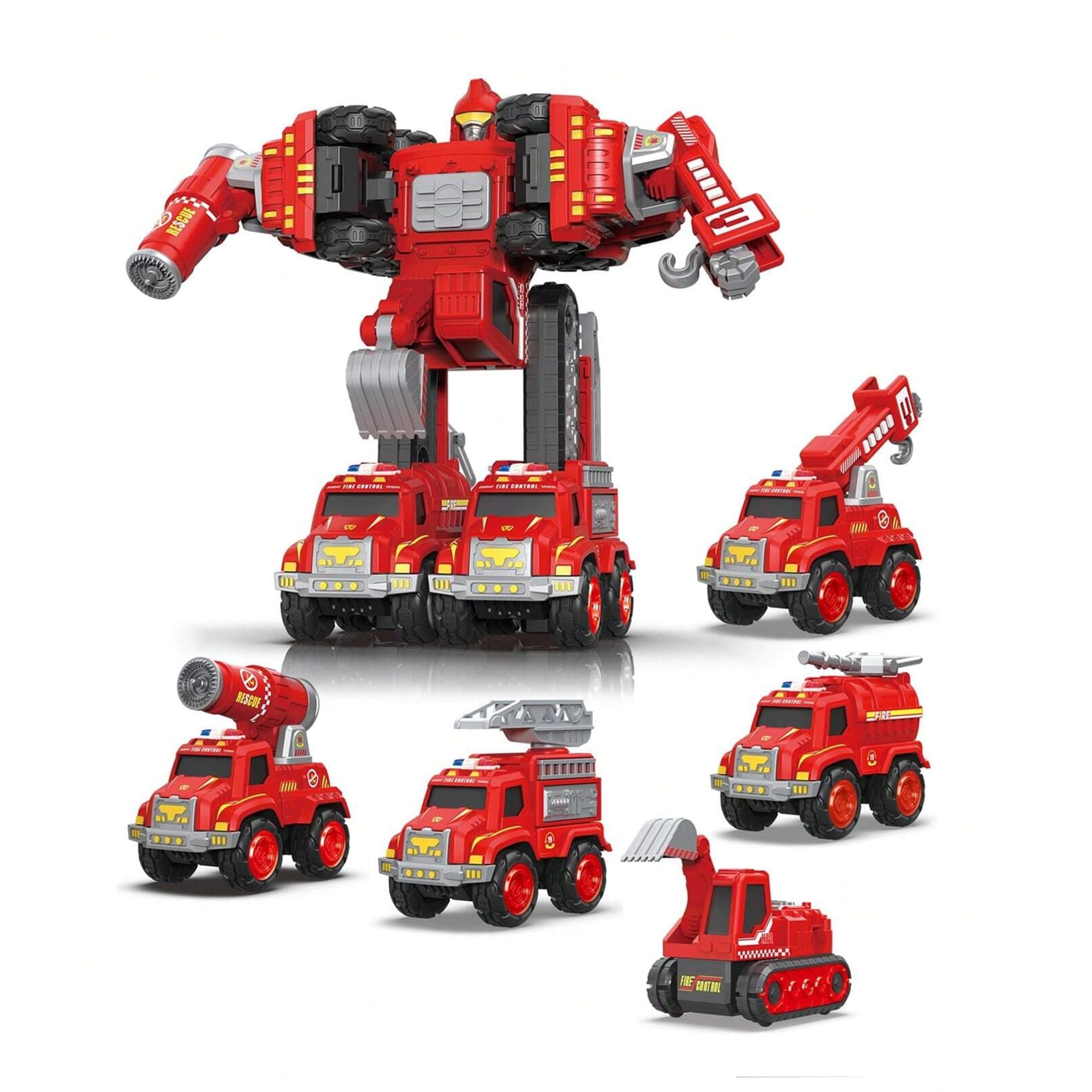 Kidology 5-in-1 Fire Rescue Robot Vehicle Set for Boys & Girls | Transforming Fire Truck Action Figure Model | DIY Assembly Playset with Pull-Back Cars & Rotating Parts | Collectible Desk Toy