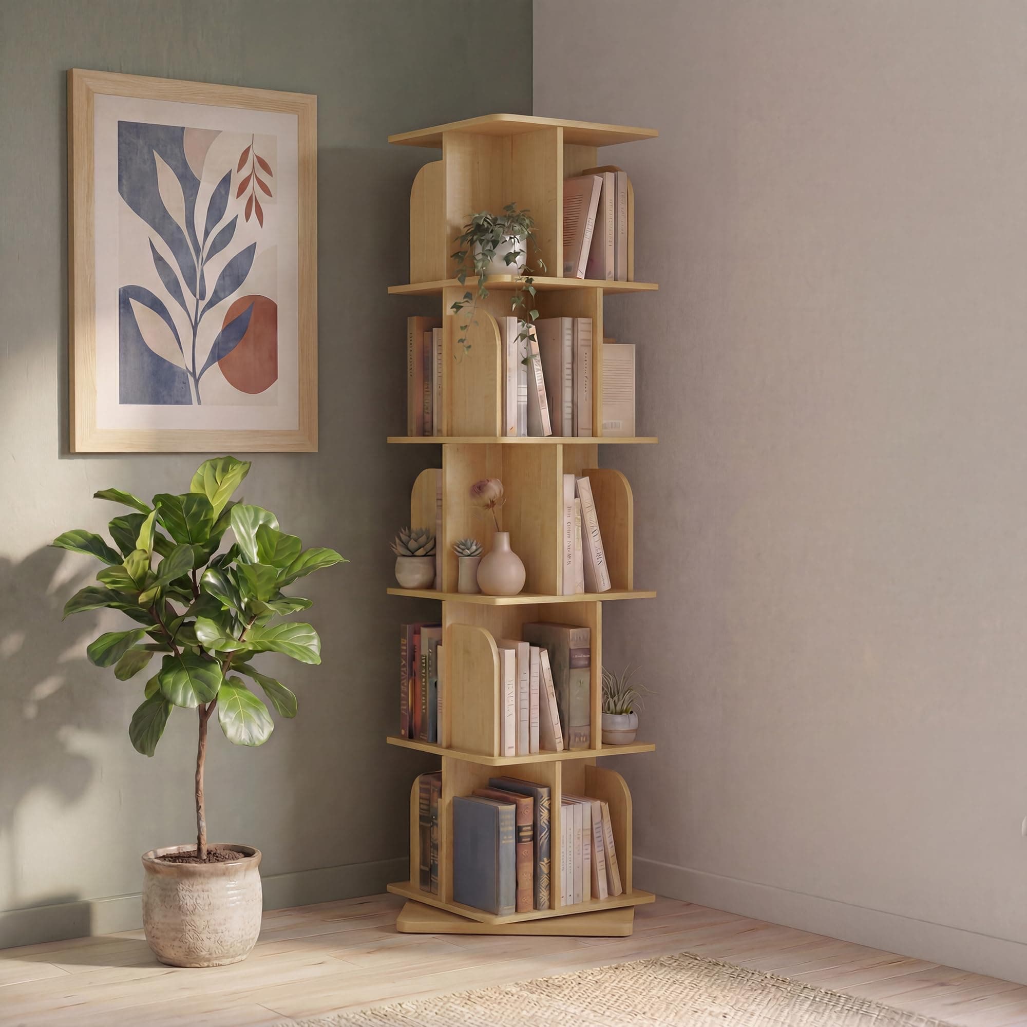 Green Soul BookNest 5 Shelves Engineered Wood Rotating Book Shelf | Multipurpose Wooden Bookshelf for Home, Bedroom, Living Room, Study Room, Kids Room | Storage | 3 Year Warranty (Oak)