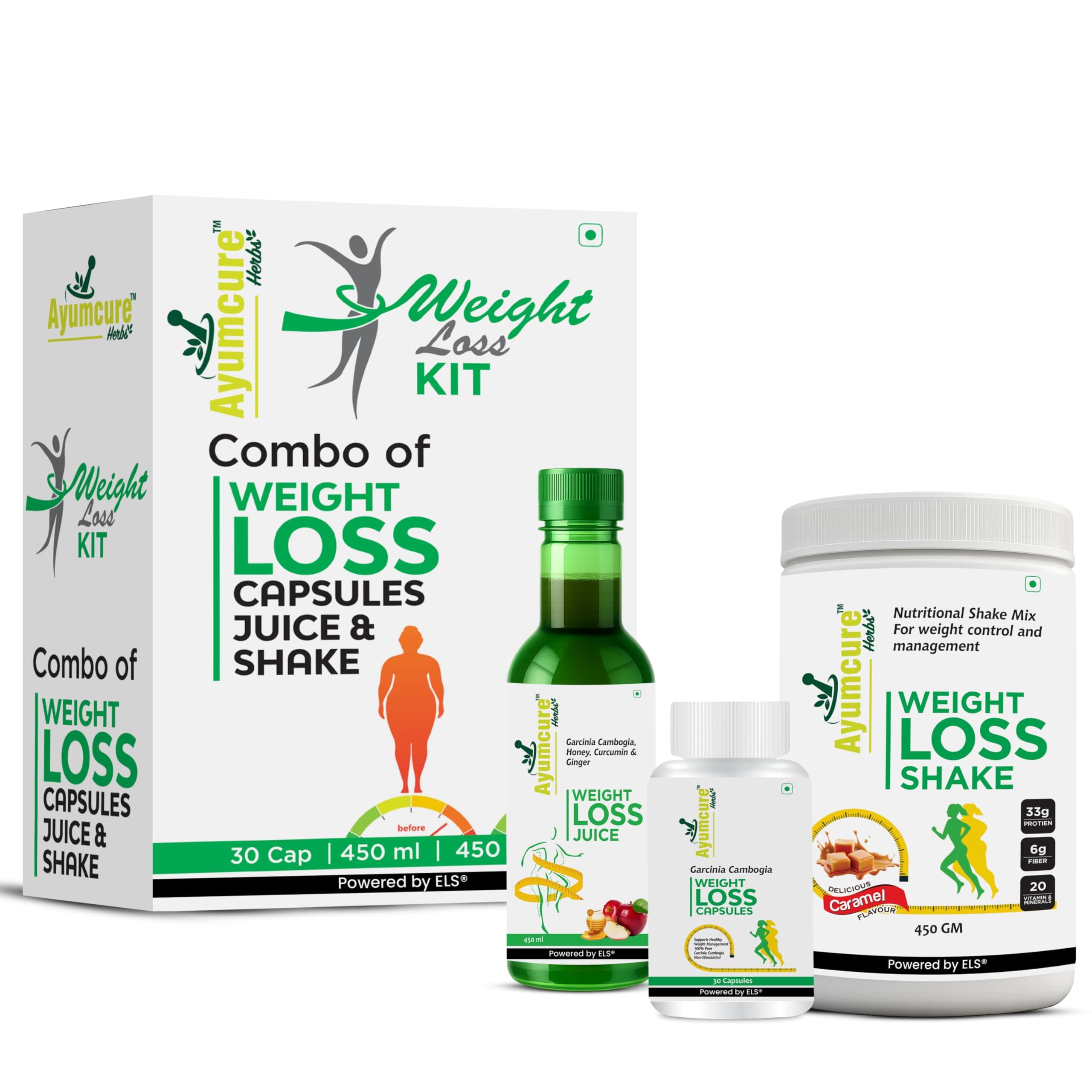 Ayumcure SlimSmart 3-in-1 Weight Loss Kit – 30 Capsules, 450ML Herbal Juice & 450G High-Protein Shake | Metabolism Boost System & Complete Fat Burn | For Men & Women