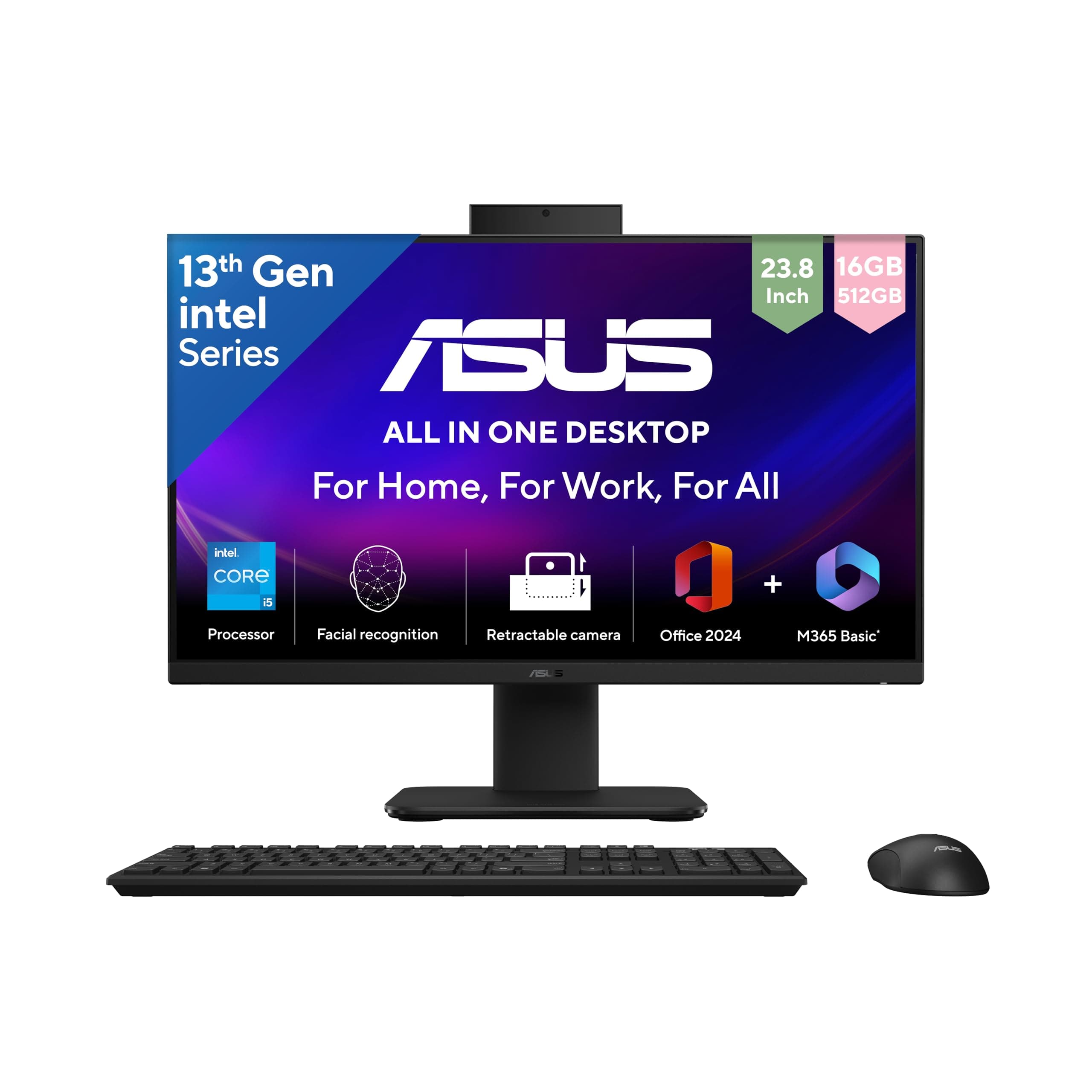 ASUS V440 13th Gen,Intel Core i5-13420H,23.8" FHD,100Hz, All in One PC(16GB RAM/512GB SSD/Windows 11/Office 24/Retractable Camera/with Wireless Keyboard & Mouse/M365 Basic (1Year)*) V440VA-KBPC071WS