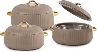 CELLO Aurum Insulated Casserole Hot Pot Box Set of 3 Pcs (1000ml, 1000ml, 1500ml) Beige | Airtight Lid Hot Pot Case Keeps Food Hot & Warm For Long Hours, Casserole Set For Roti Chapati Rice Biryani