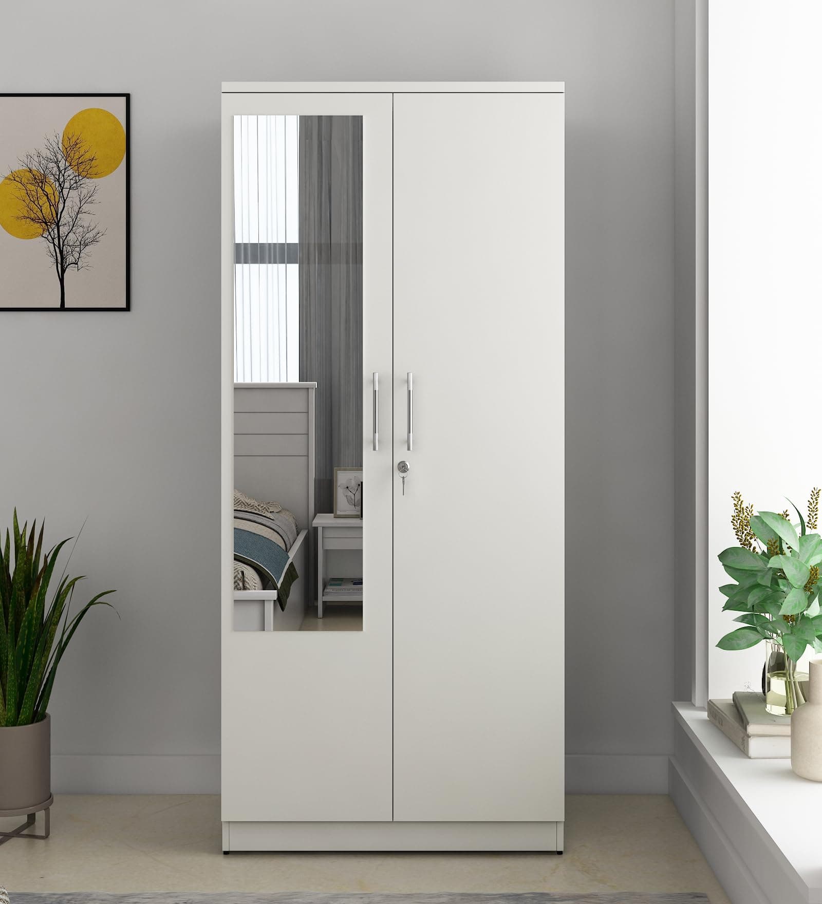 Spacewood Carnival Wardrobe | 3 Year Warranty | Almirah, Cupboard, Almari, 2 Door Wardrobe with Mirror, 1 Hanging Space|Engineered Wood| Kingston White
