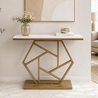 The Attic Girda Console Table for Living Room, Marble + Iron, White + Gold Matt Finish