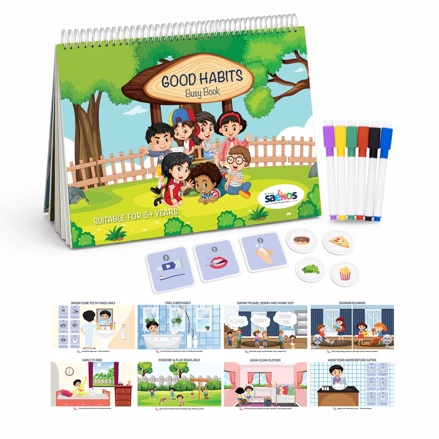 SAEKOS Good Habits Busy Book for Kids Age 3-6 | Montessori Educational Activity Book | Life Skills Learning Toy | Preschool Quiet Book | Screen-Free ... Kit | Reusable Activity Book | Made in India