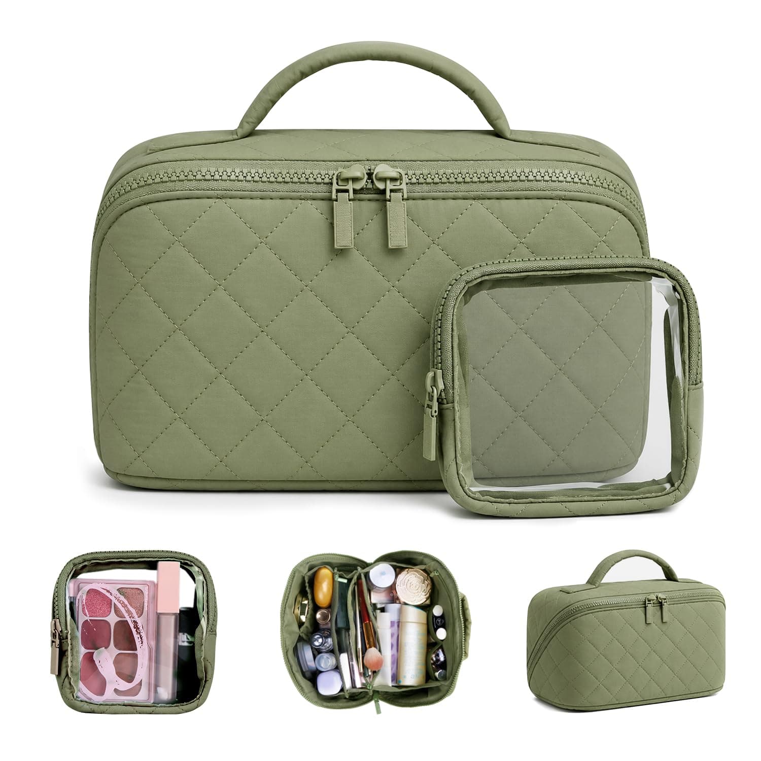 Batfield Makeup Pouch Bag for Women, 2Pcs Waterproof Puffer Set with 180° Flat Open, Travel Large Capacity Makeup Bag for Women with Brush Compartment & Handle for Vacation, Business Trip (Green)