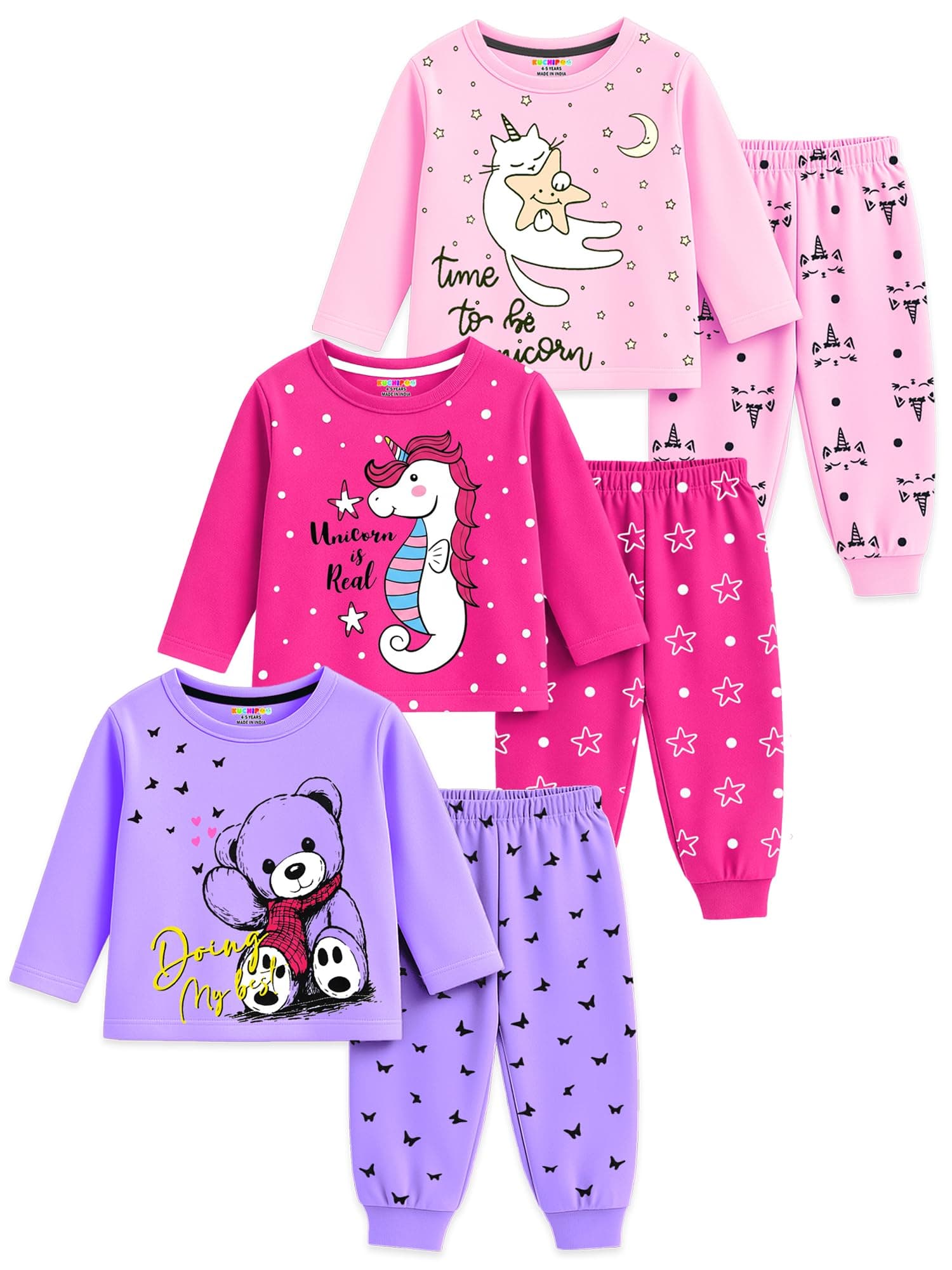 Kuchipoo Girls Cotton T-shirts & Pajamas Set | Full Sleeve Printed Top & Pajama | Soft & Breathable Sleepwear | Comfortable Elastic Waist | Pack of 3