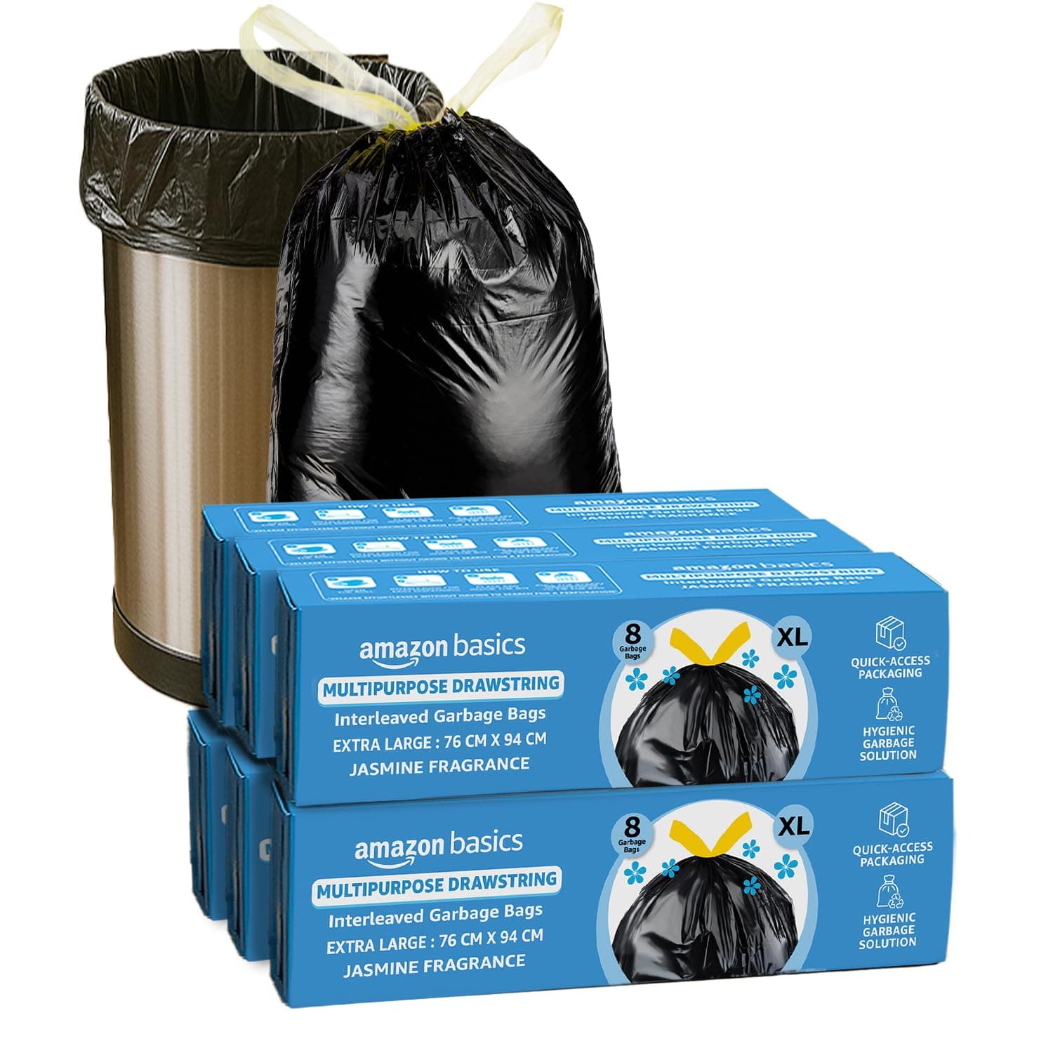 Amazon Basics Multipurpose Drawstring Garbage Bags |Extra Large | 48 Count | 8 Bags x Pack of 6 | Heavy Duty | Jasmine Fragrance | Odour Control | No Tearing Needed