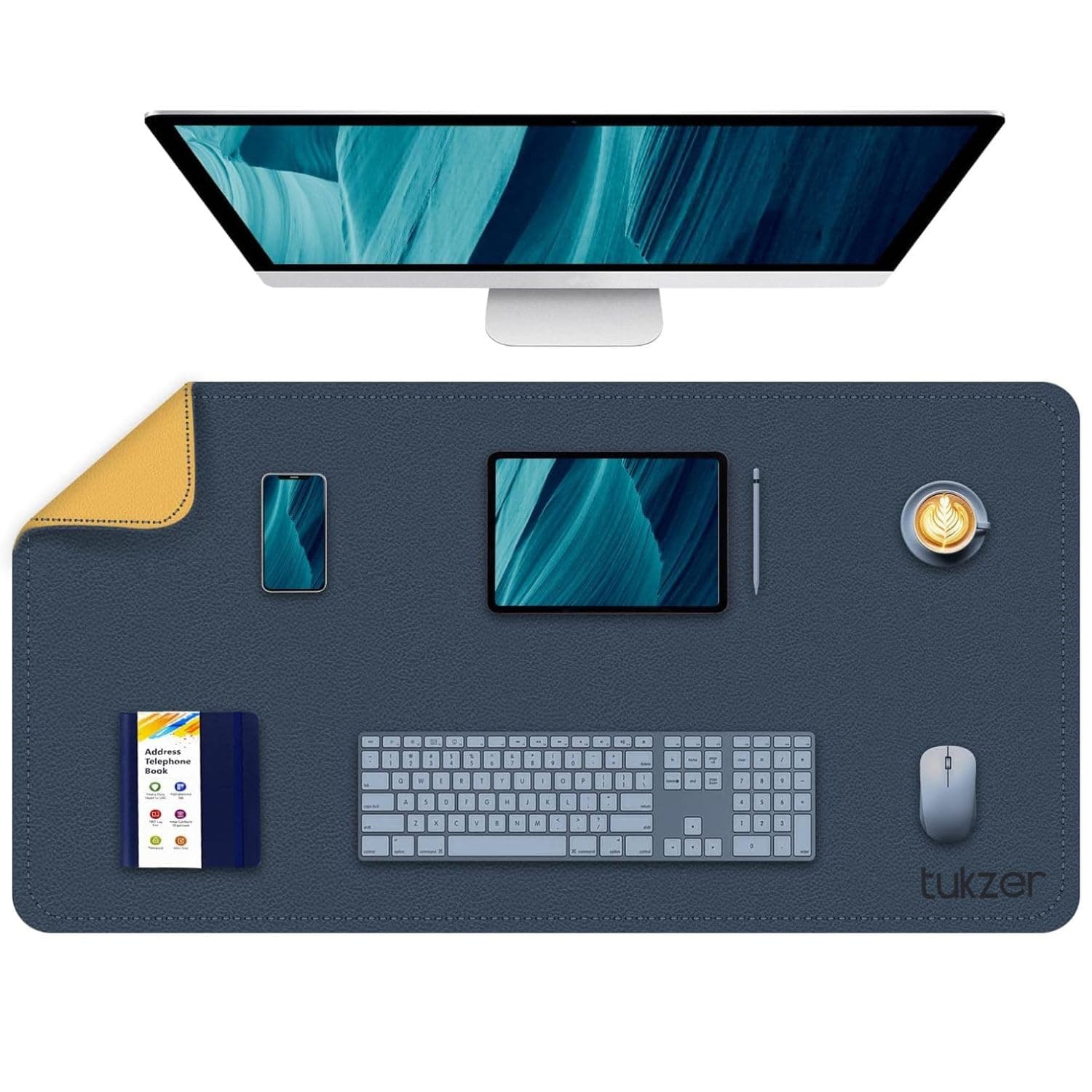 Tukzer Extended Vegan PU Leather Mouse Pad Desk mat Smooth Reversible Dual Color Splash Proof Anti Fray Stitched Edges Non-Slip Mousepad for Laptop Notebook Gaming Computer(Blue & Yellow 90CM X 45CM)
