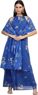 W for Woman Blue Floral Printed Halter Neck Chiffon Kurta with Flared Pants and Dupatta Set