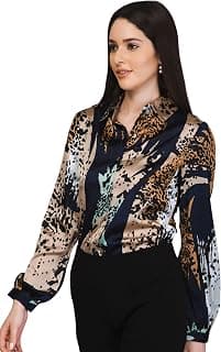 Purys Women Satin Shirt | Animal Print Casual Top | Full Sleeve Button Down Shirt for Office