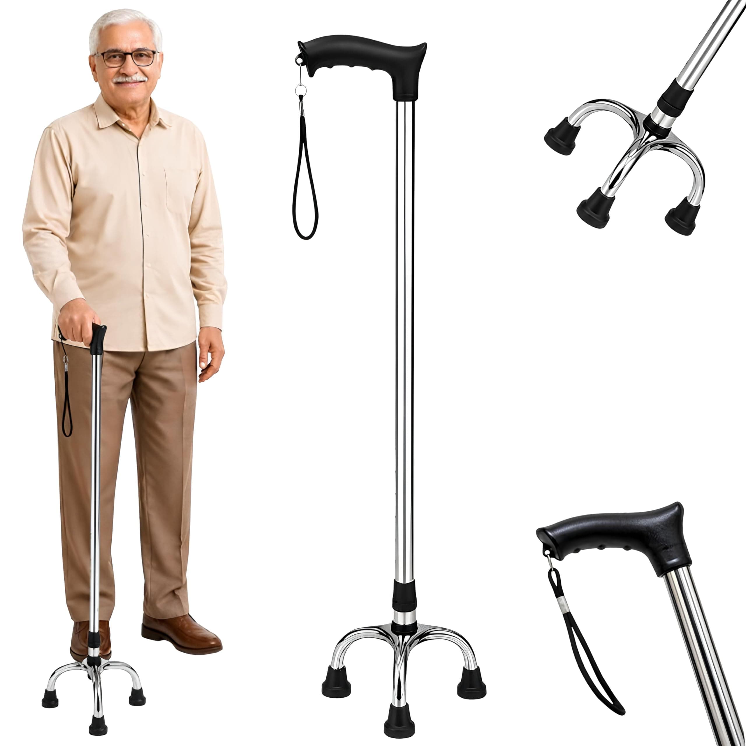 SD CASS*4 Leg Aluminium Walking Stick for Old Age | Lightweight Walking Support with Adjustable Height | 4 Leg Walking Cane for Men/Women, Patients, Old People (Four Leg Walking Stick)