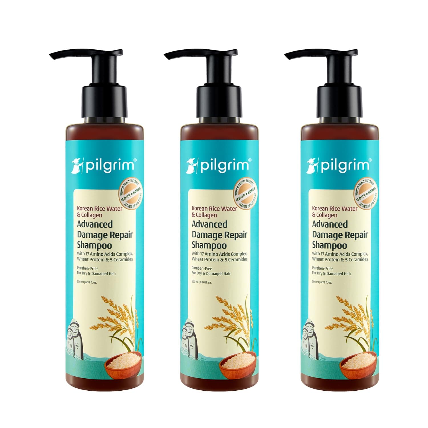 Pilgrim Korean Rice Water & Collagen Damage Repair Shampoo - 200ml (3 Pack) | 92% Less Breakage, Up to 20X Softer Hair, with 17 Amino Acids, Wheat Protein & 5 Ceramides, For Dry & Chemically Treated Hair
