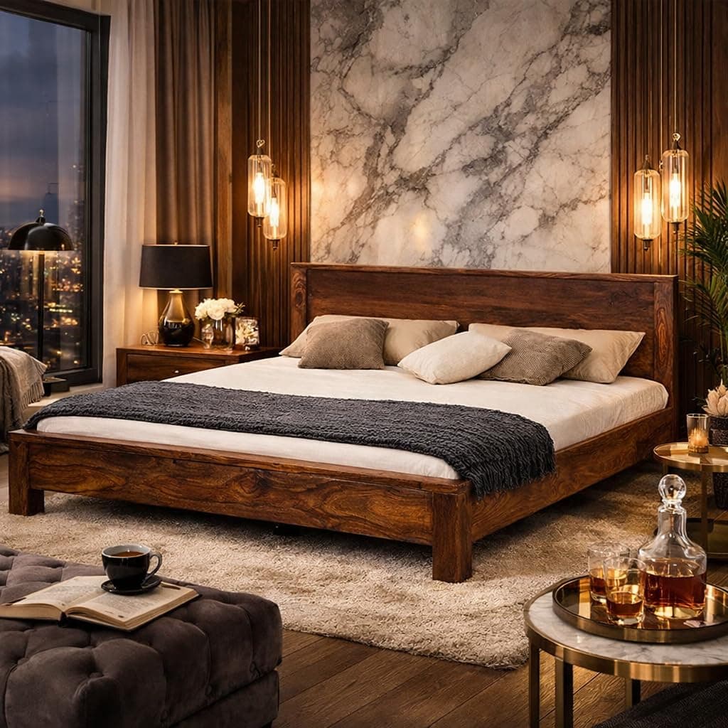 DK FURNITURE Sheesham Wood King Size Bed for Bedroom Living Room| Solid Wood Platform Bed Without Storage for Hotel | Rosewood Palang Cot | Double Bed |