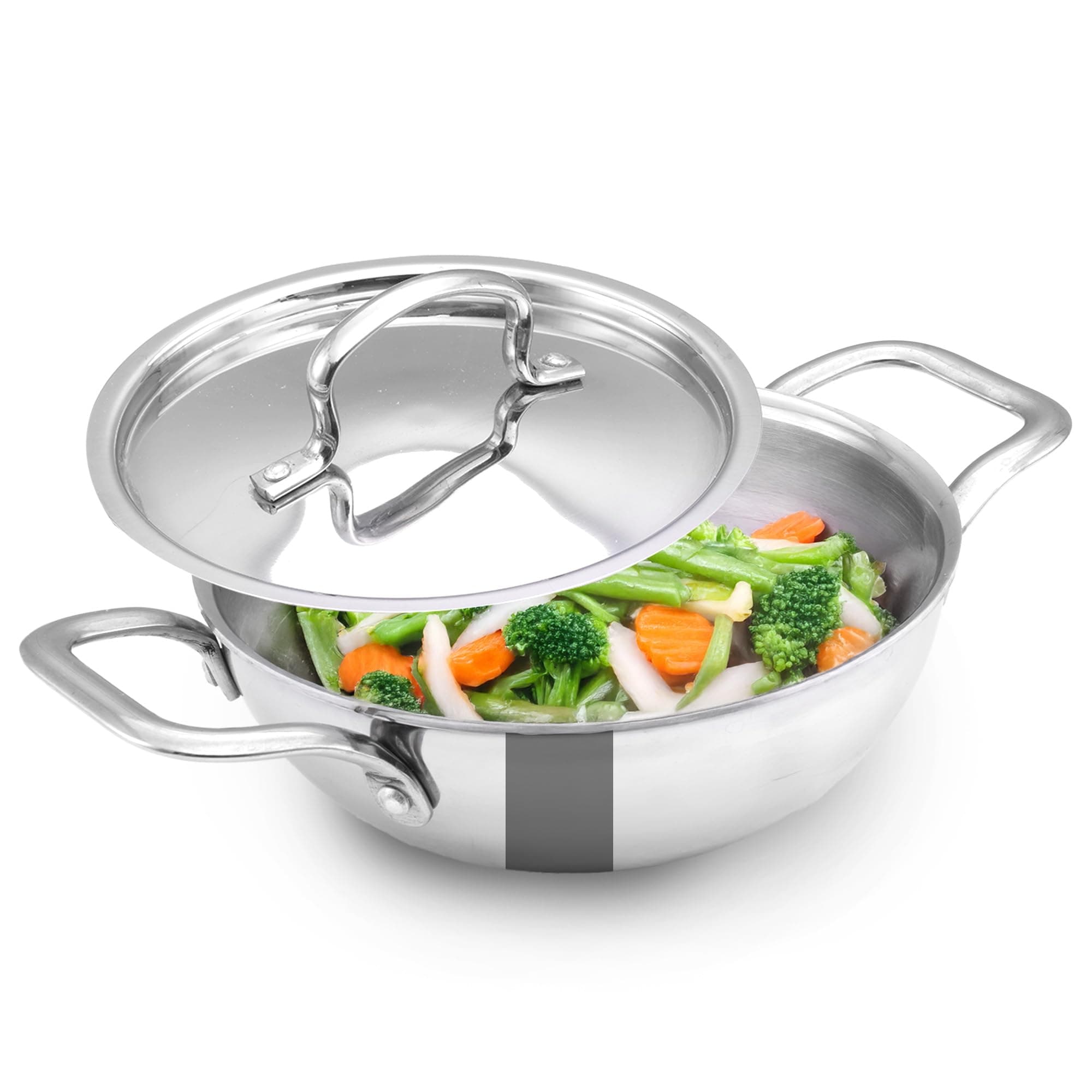 The Indus Valley Triply Stainless Steel Kadai/Kadhai with Steel Lid | 18cm/7.1 inch, 1.25Ltr, 1.05kg | Induction Friendly | Nonstick 3-Layer Body, 100% Toxin-Free, No Chemical Coating