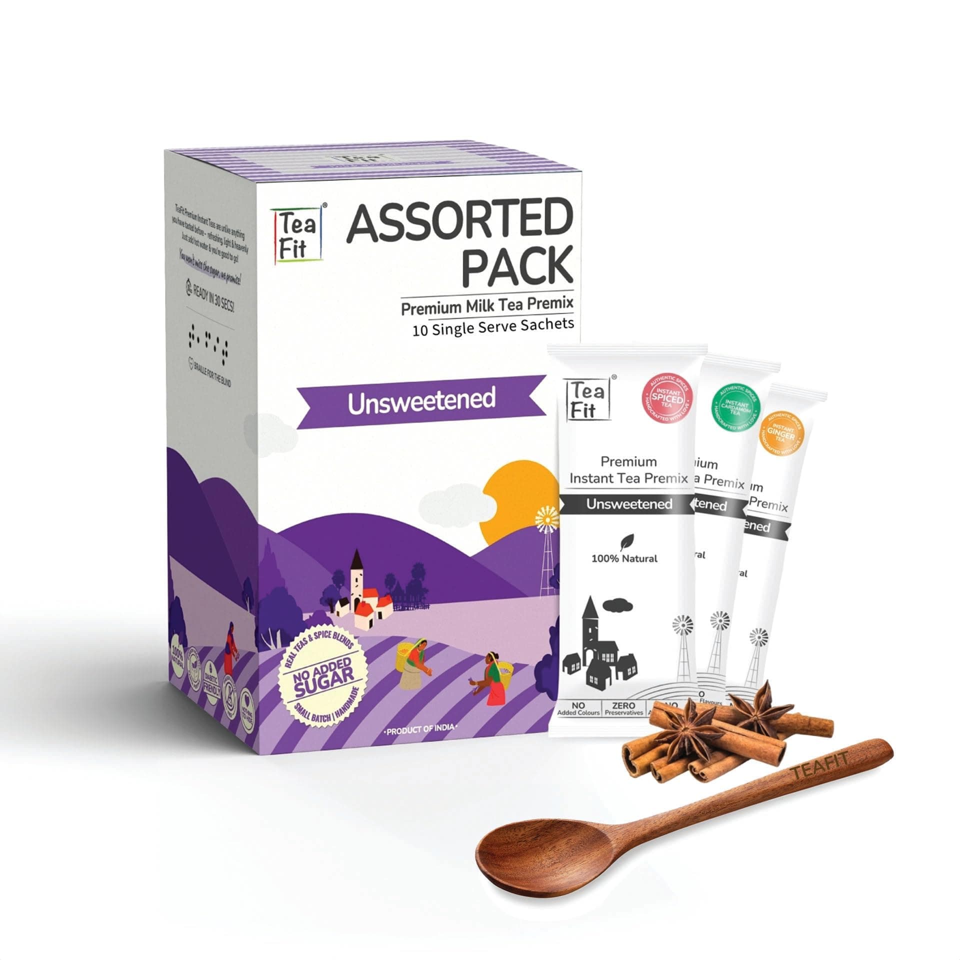 TeaFit Premium ZERO SUGAR Instant Assorted Tea Pack of 20 Sachets (280gm) + Spoon | Ginger-Cardamom-Masala-Saffron-Lemongrass Instant Milk Tea Premix | Diabetic Friendly | Instant Tea Premix Powder