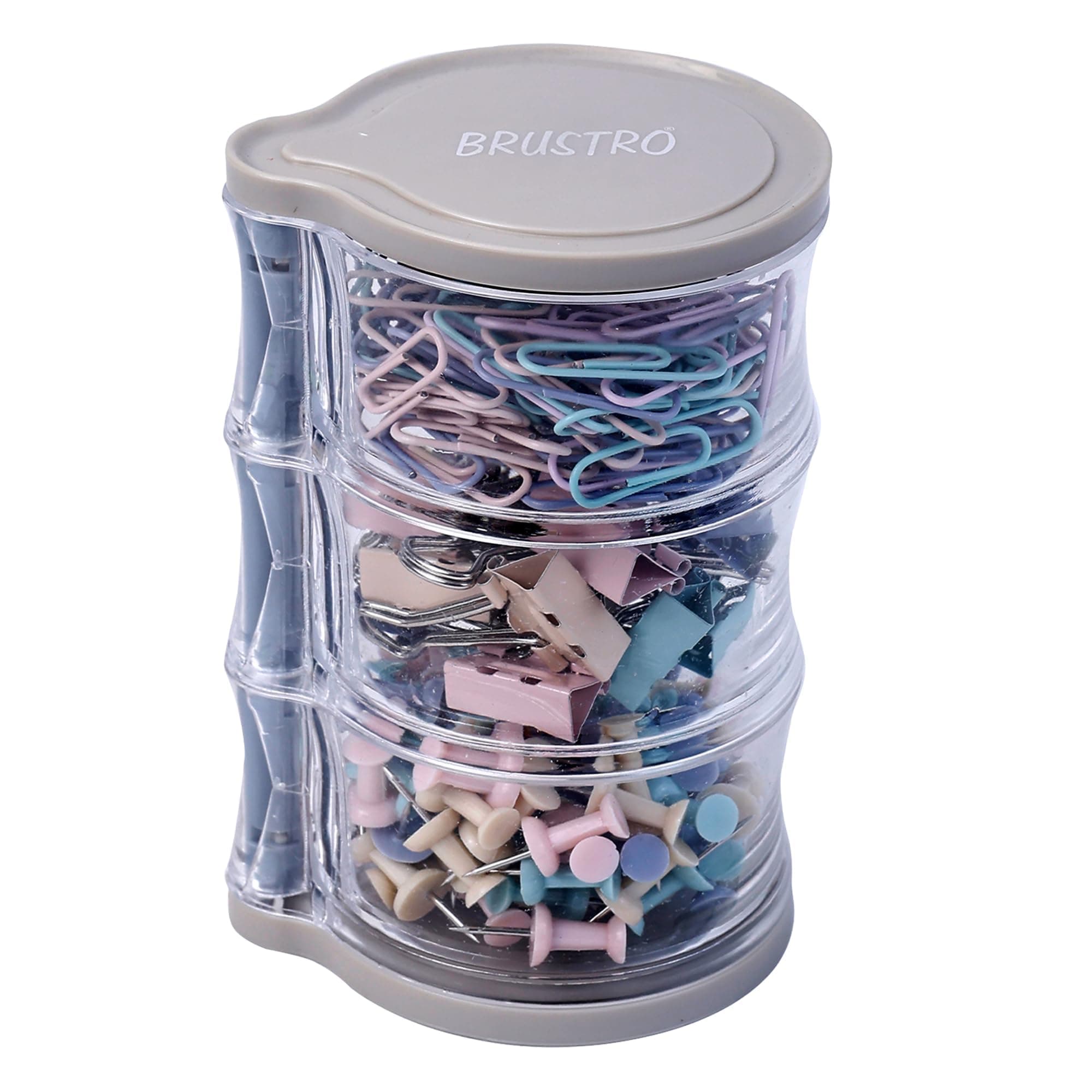 BRUSTRO Deskmate Rotational Clip Box | Includes 14 Binder Clips(19mm), 120 Paper Clips(28mm) & 90 Push Pins | Ideal for Home,Office Accessories,Desk