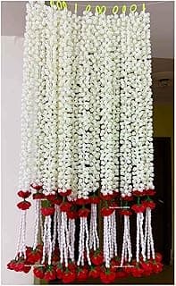 Sphinx Artificial Jasmine Buds (Mogra)& Clustered Rose Strings for Festive Pooja Wedding Housewarming Decorations Approx 2.5 ft - Number of Strings- (Red, 6)