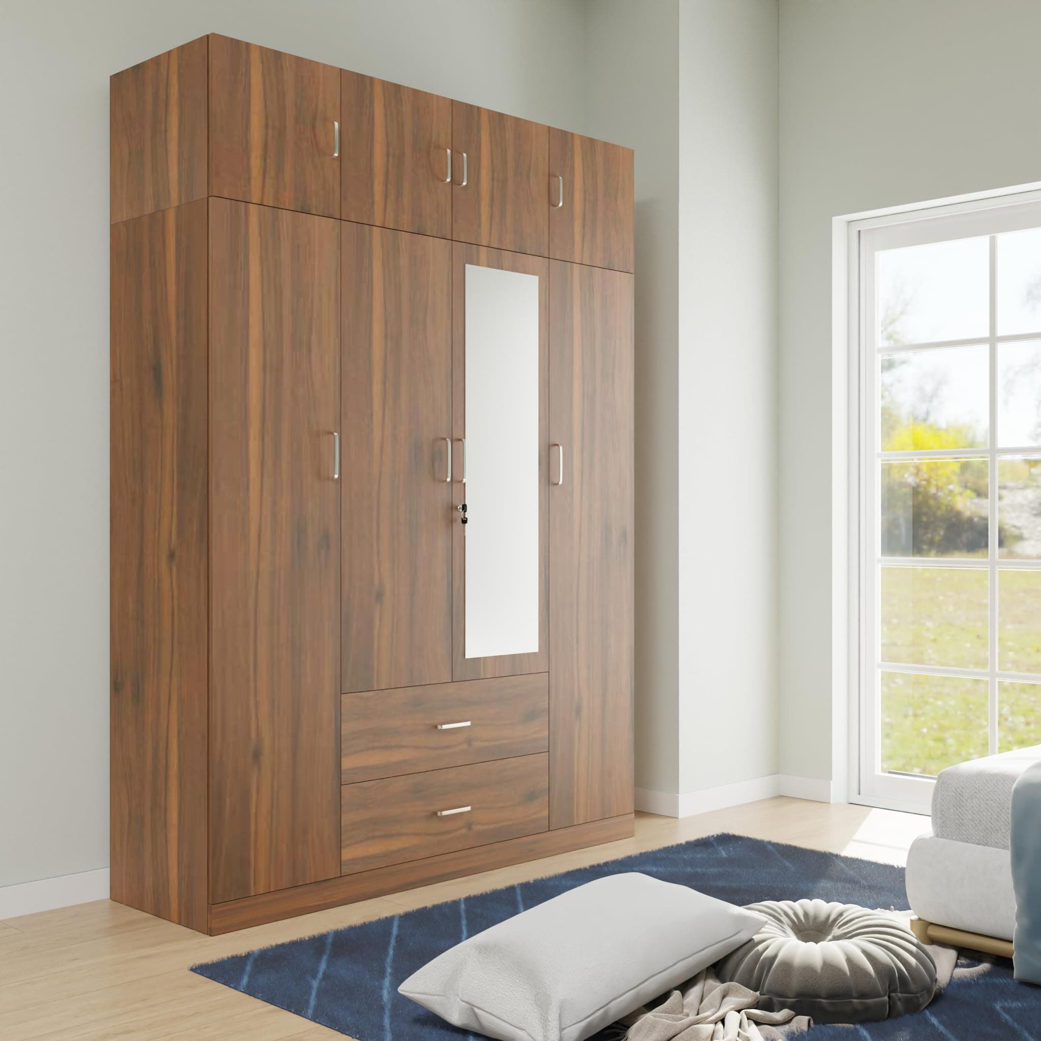 VIKI Wardrobe | Wooden Almirah for Clothes,Door for Bedroom with Loft, 4 Door Wardrobe with Drawer, Mirror & Hanging Space (Brussel Walnut - 40D x 160W x 220H) | 1 Year Warranty | Free Assembly