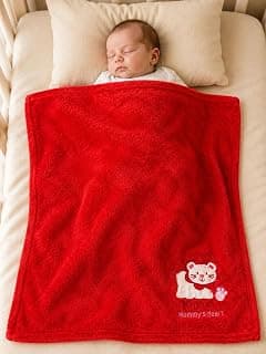 BABYZONE Embroidered Animal Mid Heavy Crib Baby Blanket, Red | For Baby Boys and Baby Girls, All Season