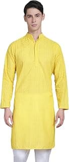 Majestic Man Men's Cotton Blend Regular Fit Casual Chikankari Embroidered Ethnic Motifs Double Plaket Regular Kurta