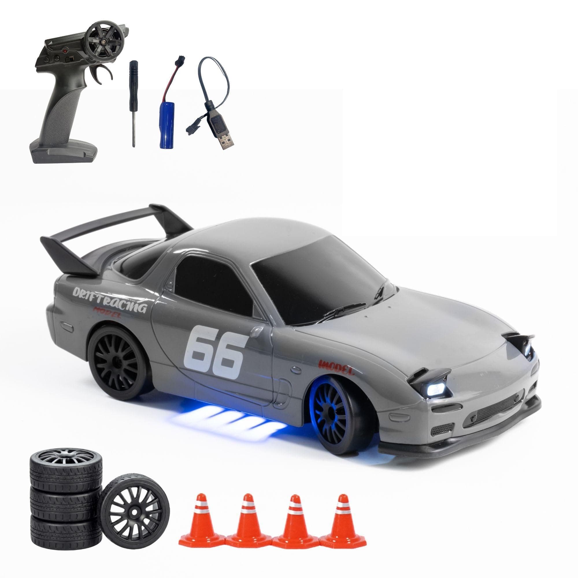 L.O.T CARS Vortex RC Drift Car, 20 Km/h High Speed Remote Control Car, Drifting RC Car 4x4, 2.4GHz with Pop-Up LED Headlights, Multi LED Lights, Long Range Control (Overdrive, Grey)