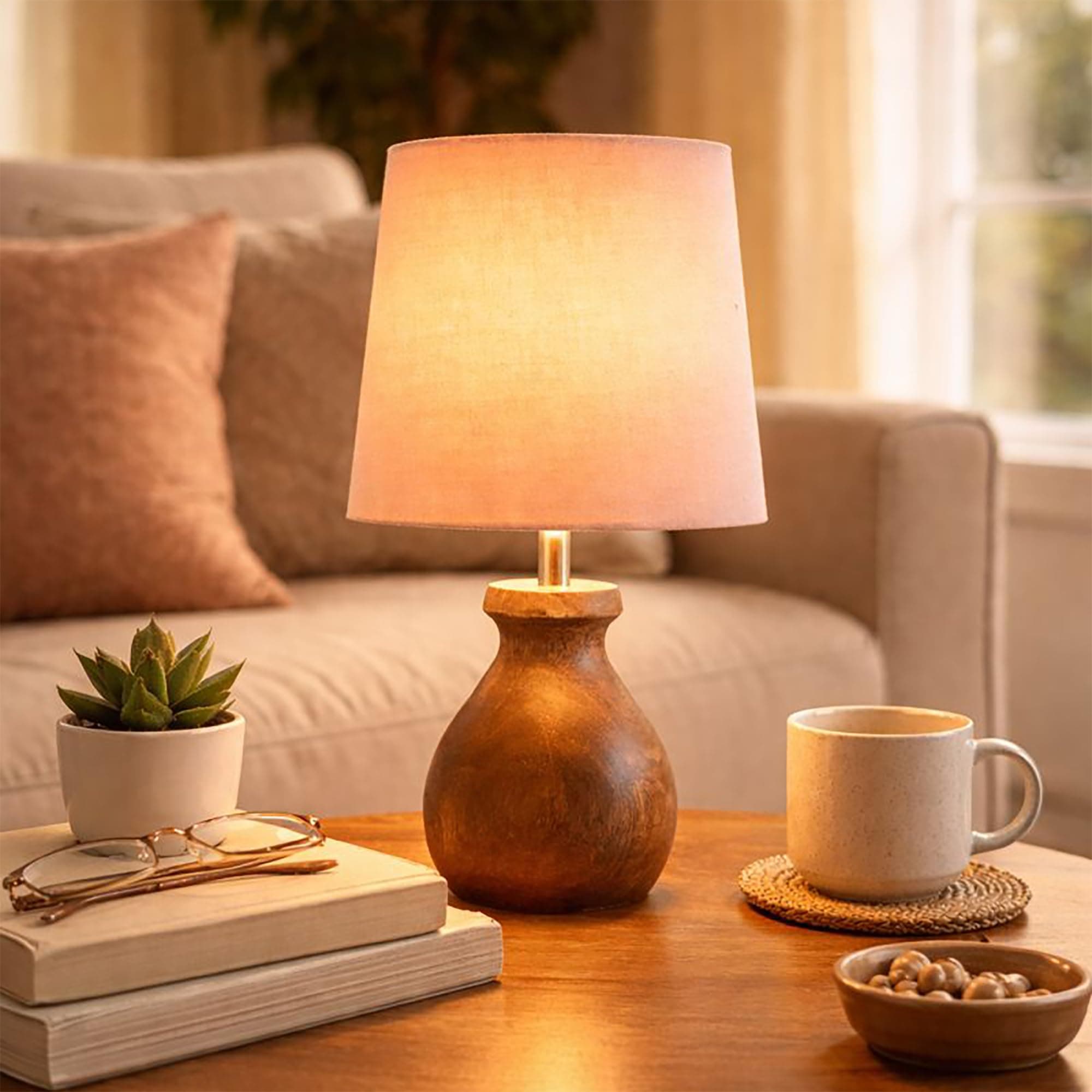 Decorcity Decorative Table Lamp with Fabric Shade & Wooden Base | Warm Light Bedside & Living Room | Bulb Included | E27 Holder | Light for Bedside, Bedroom, Home Decor (Pink)