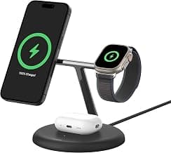 Belkin MagSafe 3-in-1 Qi2 Wireless Charger Stand 15W | Fast Charging iPhone Charger for iPhone 16, 15, 14 & 13 Series, AirPods, & Apple Watch | 36W Charger Included | Black