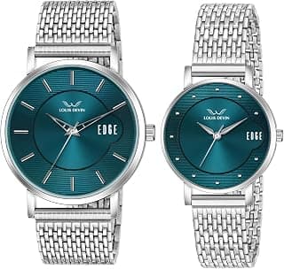 LOUIS DEVIN Stainless Steel Chain Analog Wrist Watch for Men and Women (Green/Brown/Blue/Black Dial) | Set of 2 Wrist Watches | Couple Watches | LDCM-WT092-CH