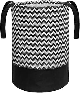 PrettyKrafts 45L Non Woven Wave Printed Round Foldable Large Laundry Bag/Basket With Handle, Freestanding Cloth Storage Organizer for Bedroom, Bathroom (36x36x45cm, Black & White, Set of 1)