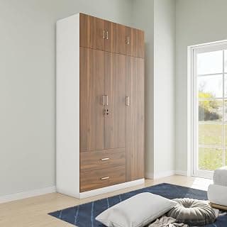 VIKI Wardrobe | Wooden Almirah for Clothes,Door for Bedroom, 3 Door Loft Wardrobe with Drawer & Hanging Space (Frosty White with Brussel Walnut - 40D x 120W x 220H) | 1 Year Warranty | Free Assembly