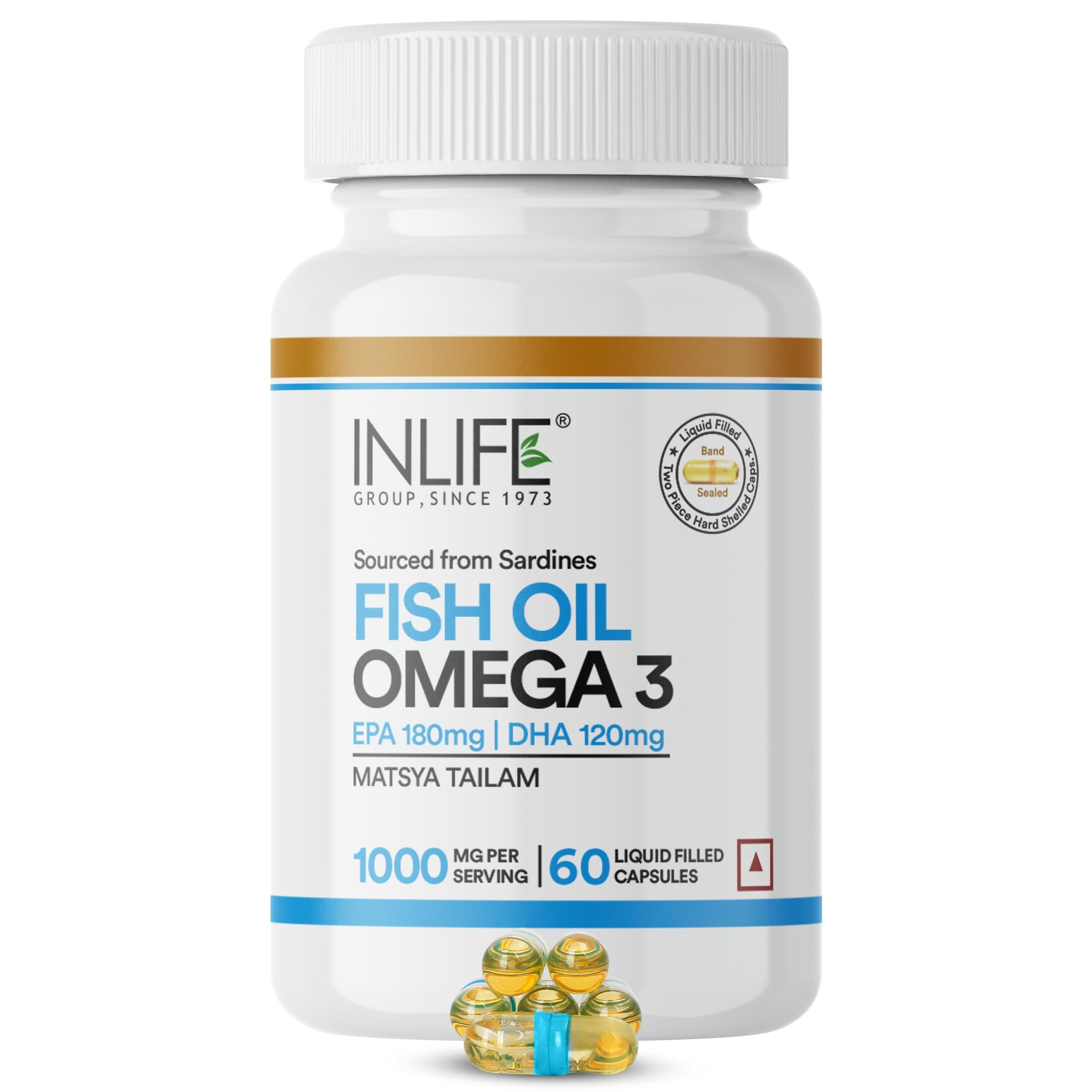 INLIFE Fish Oil Omega 3 Supplement 1000mg with EPA DHA, 60 Liquid Caps Pack | Sardine Sourced, Molecularly Distilled, Heart Brain Joint Eye Vision Support, No Fishy Burps, Daily Marine Wellness Care Men.