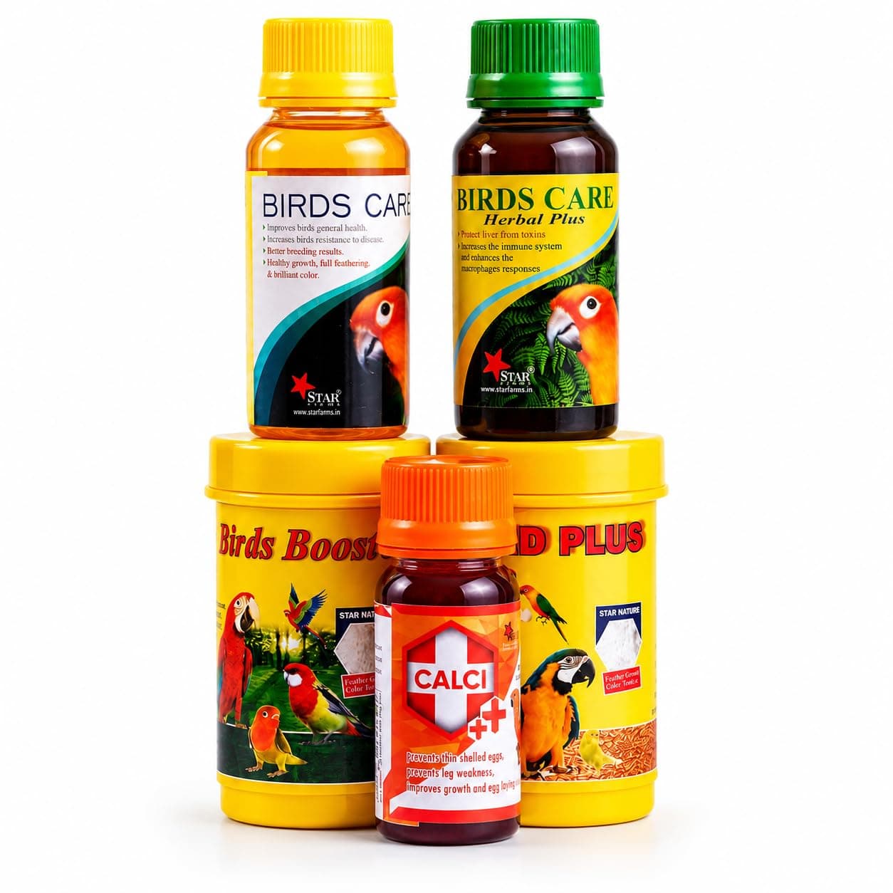 Star Farms 5-in-1 Bird Health Supplement Combo | Breed Plus 50 g, Bird Booster 50 g, Birds Care 60 ml, Herbal Plus 60 ml and Calci Plus 30 ml | for Lovebirds, Budgies, Cockatiels, Conures and Parrots