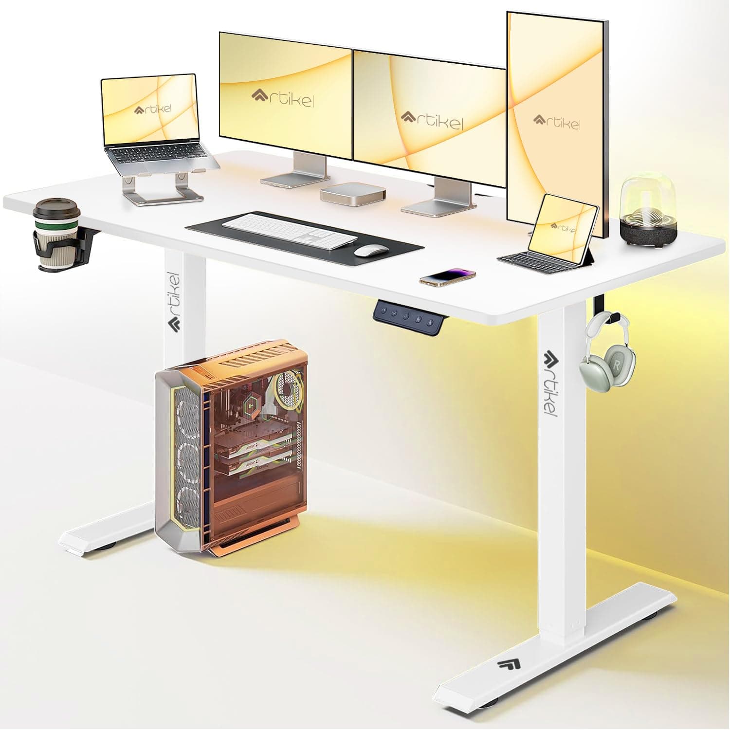 ARTIKEL Artidesk Lite Electric Height Adjustable Table for Office & Home | Type-C Charging Port| Sit Stand Gaming Desk|80Kg Wt Lift | Cup Holder Headphone Hook & Cable Management|120X60Cm | White
