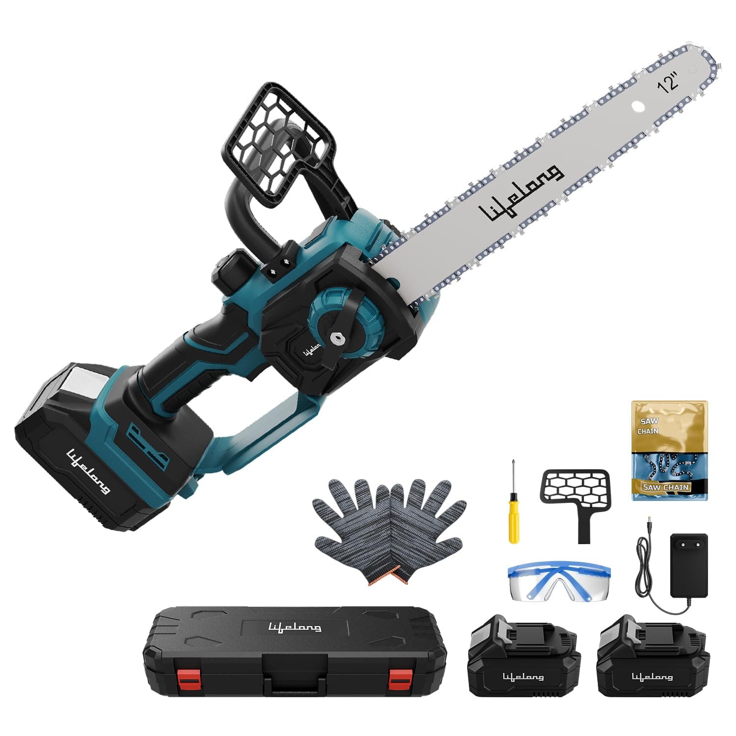 Lifelong 21V Cordless Chainsaw Machine | Brushless Motor | 12" Guide Bar | 5000 RPM | 2 x 4.0Ah Batteries | Tree Cutter Tool | Wood Cutting Machine Home | Wood Cutter Tool Machine | Gardening DIY Use