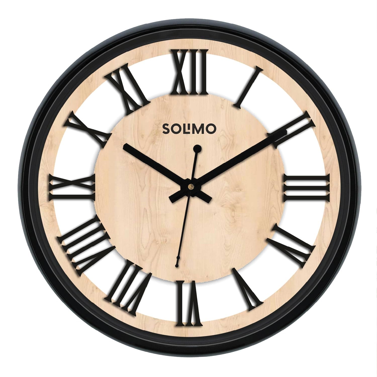 Amazon Brand - Solimo Roman Wheel 12-inch Plastic and Glass Silent Movement Wall Clock (Black).