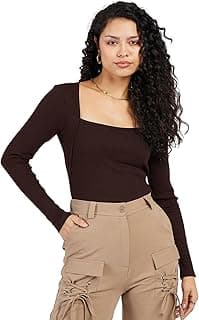sassafras Women’s Slim Fit Full Sleeves Rib Square Neck Ribbed Basics – Casual Ribbed T-Shirt Tops