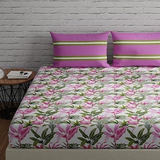 HUESLAND by Ahmedabad Cotton 144 TC Bed Spread Queen Size Bed with 2 Pillow Covers | Flamingos & Stripes Pink & Green
